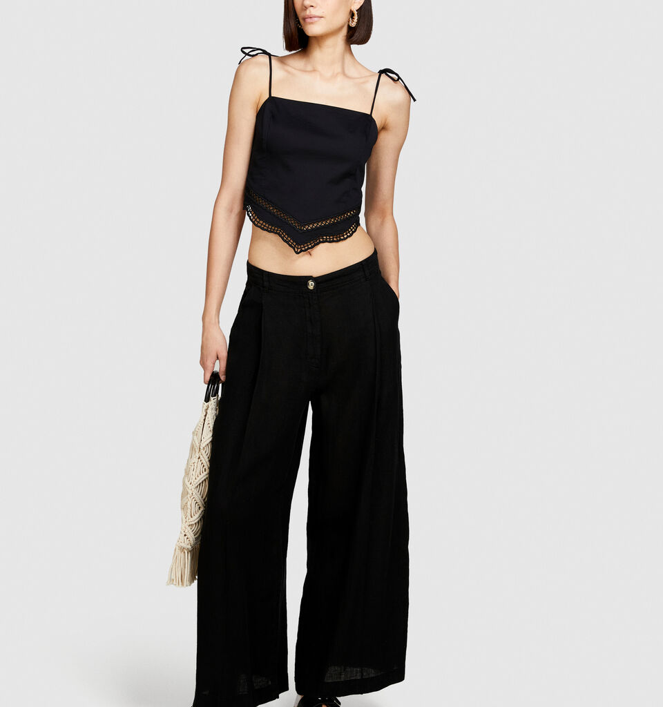 Wide leg 100% linen trousers - women's palazzo trousers - Black | Sisley image number 1